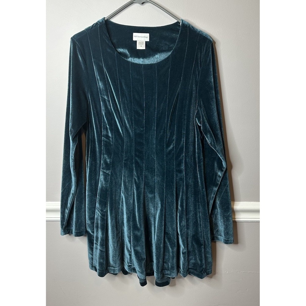 Soft Surroundings Mini Velvet Dress Women Size Medium Teal Blue Pleated Babydoll